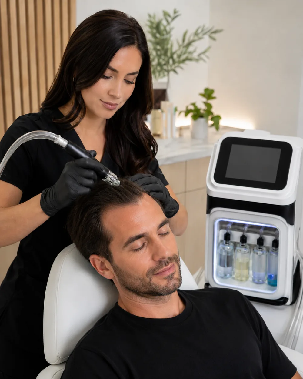Physician performing a scalp treatment with advanced technology
